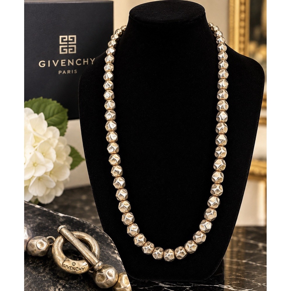 Vintage GIVENCHY Signed 37" Silver Tone Nugget Bead Necklace Toggle Clasp